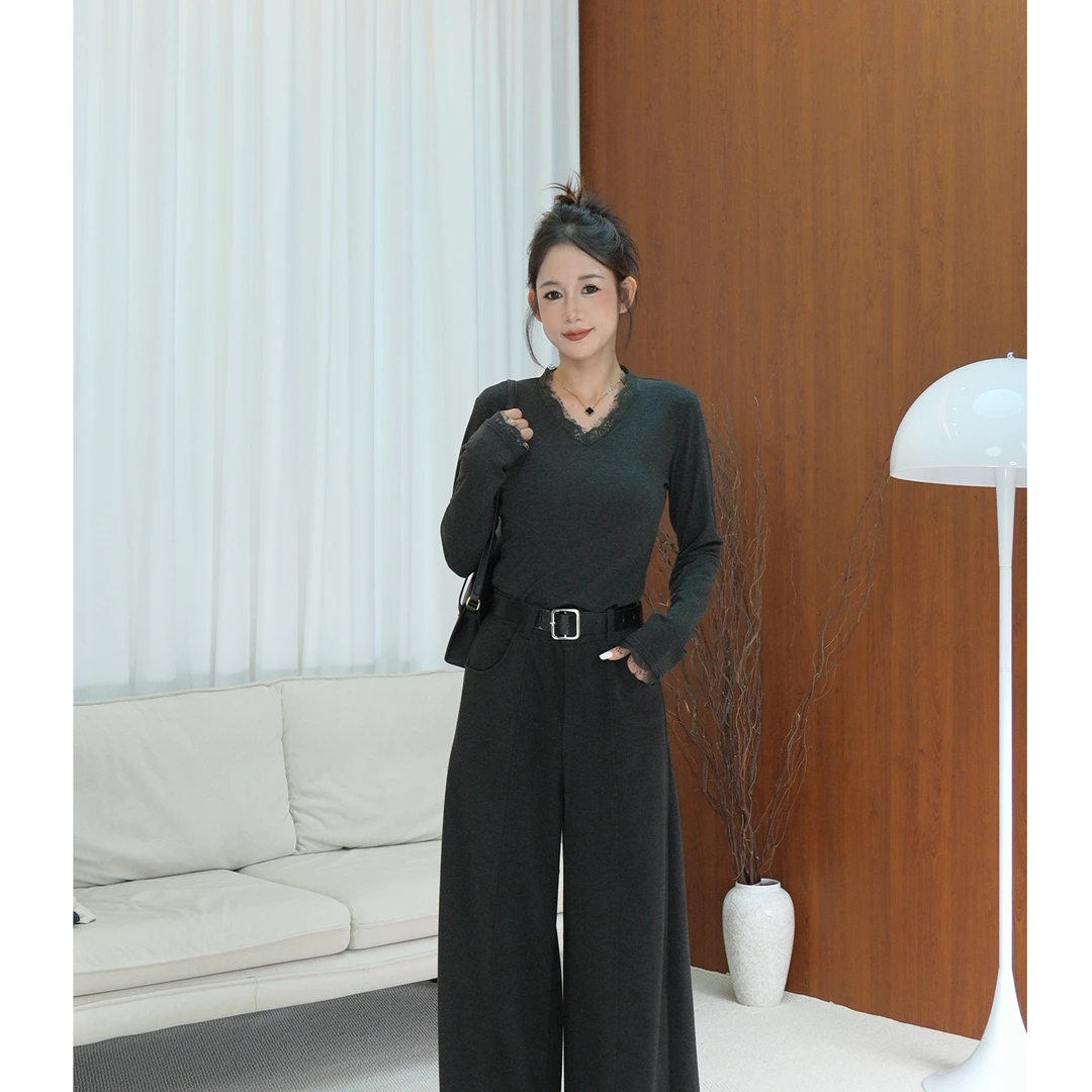 打底衫修身型黑色毛衣女上衣V领拼接秋冬正肩袖