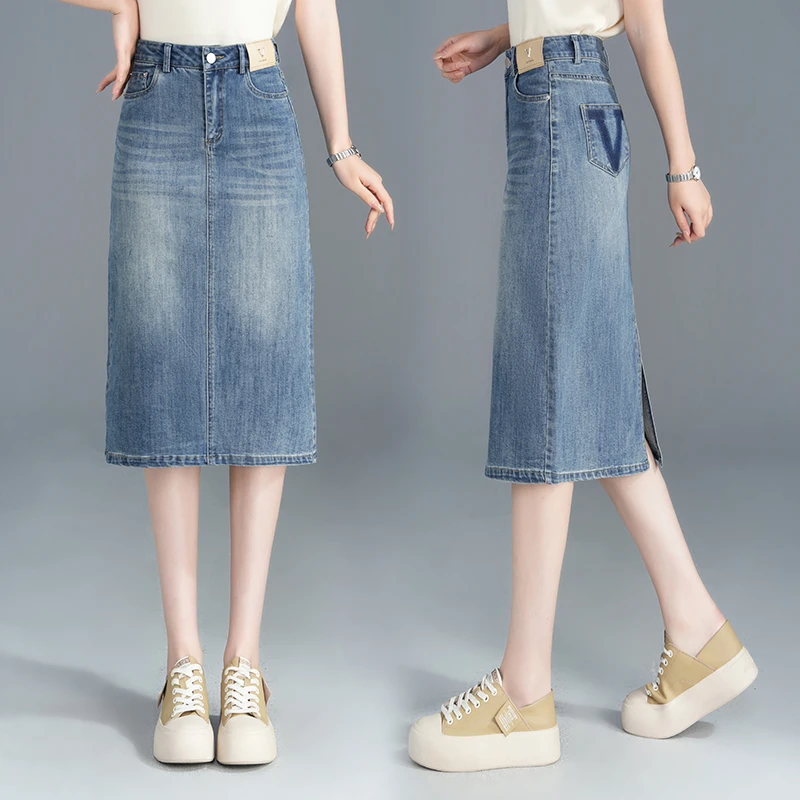 时尚百搭牛仔裙中长款半身裙高腰修身显瘦直筒裙开叉包臀裙春夏
