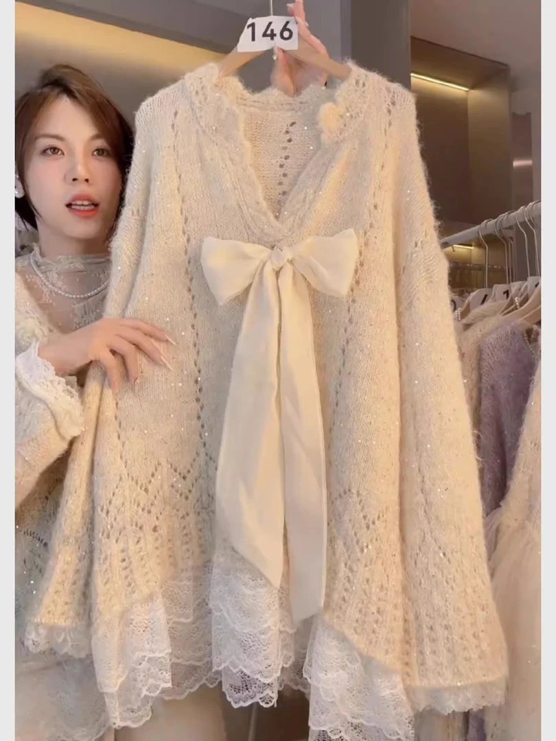 法式甜美蝴蝶结毛衣慵懒女秋冬穿搭2025蕾丝拼接针织衫宽松上衣