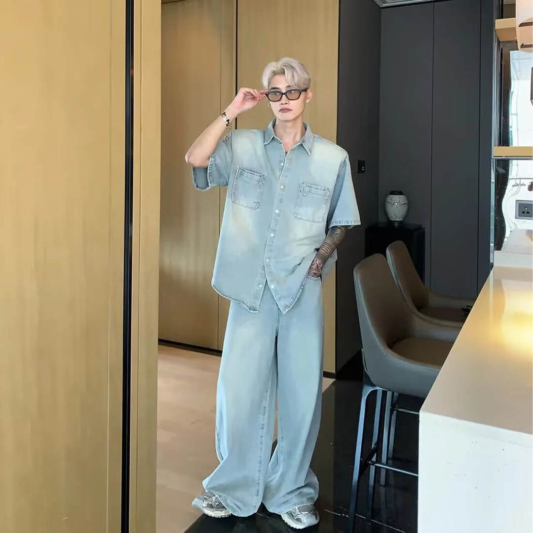 美式复古水洗做旧牛仔短袖衬衫阔腿裤套装男宽松夏季ins牛仔套装