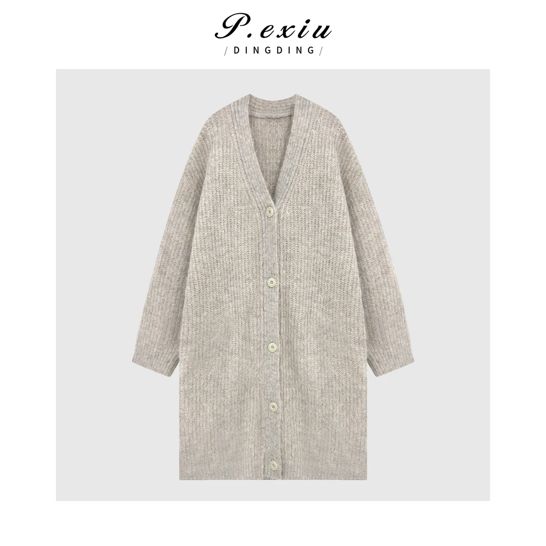 羊驼毛混纺慵懒软糯亲肤宽松中长V领长袖针织开衫Q19968