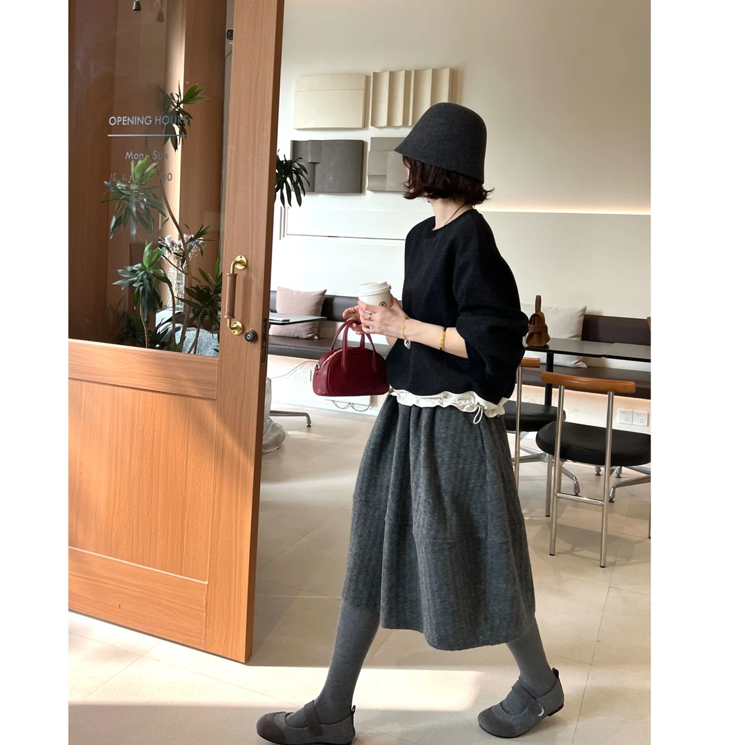 【薇薇绮】时尚圆领长袖卫衣里加绒拼接抽绳收腰显瘦上衣 E536