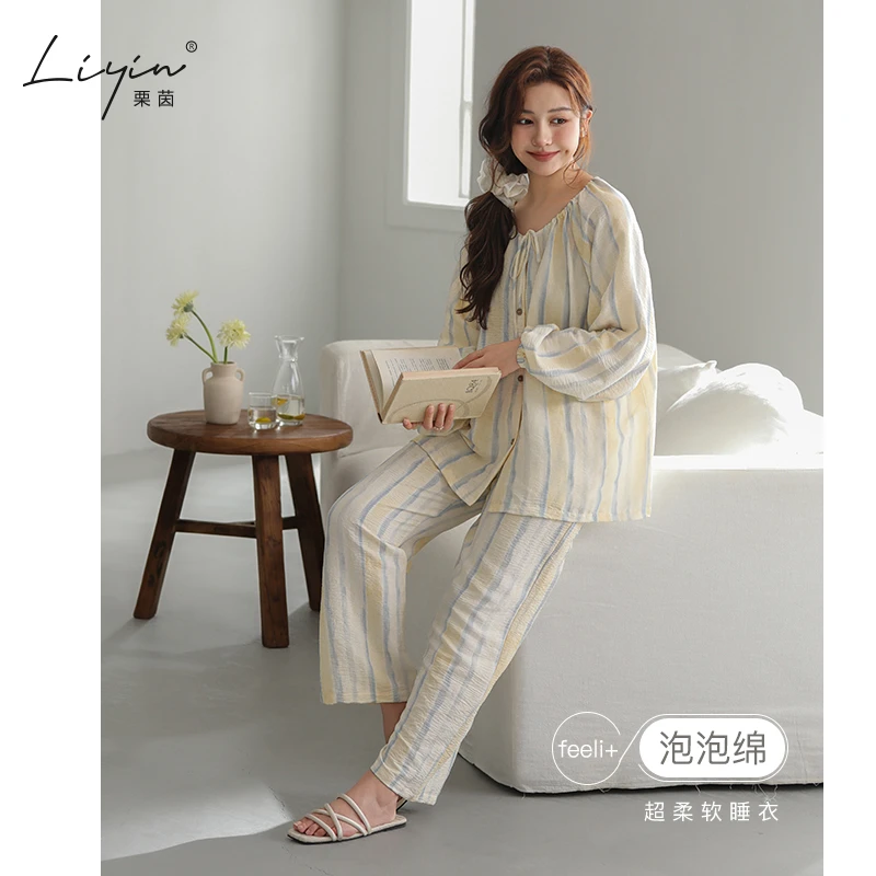 栗茵原创设计新款泡泡绵女士睡衣春秋季长袖时尚可外出家居服套装