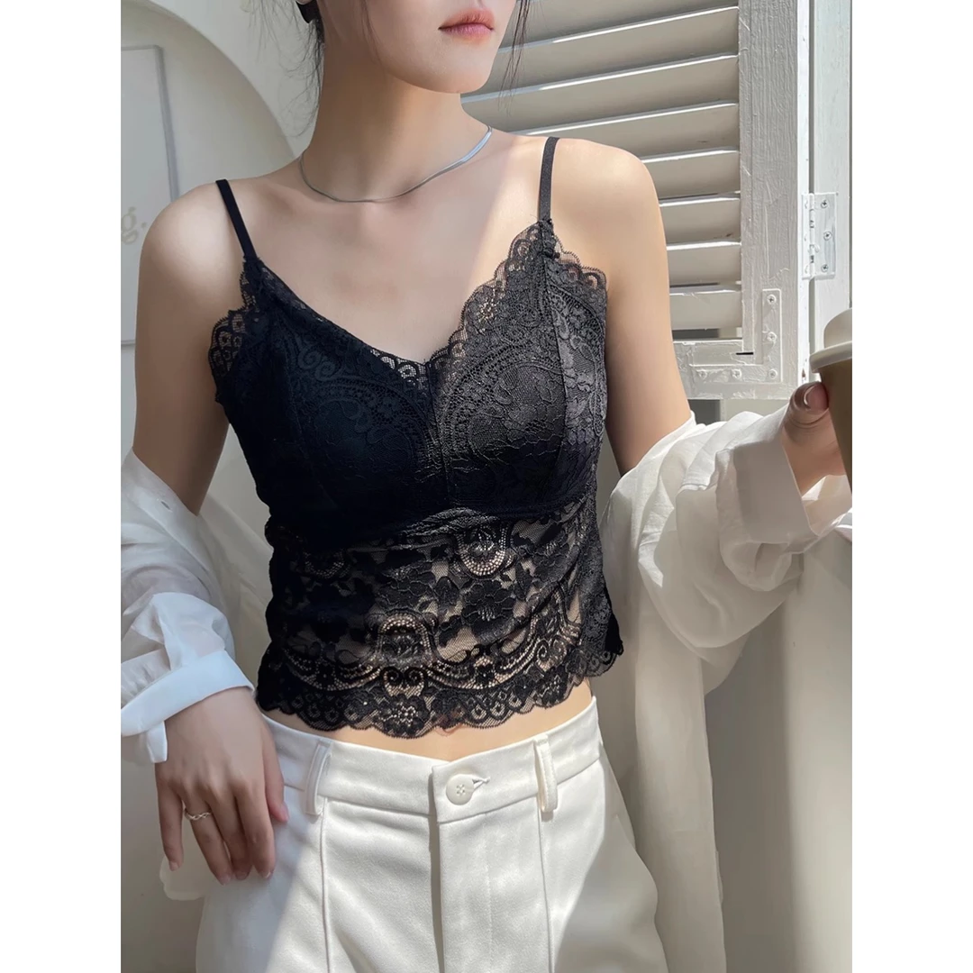 黑色v领蕾丝吊带背心女内搭夏季带胸垫美背无袖短款打底上衣外穿