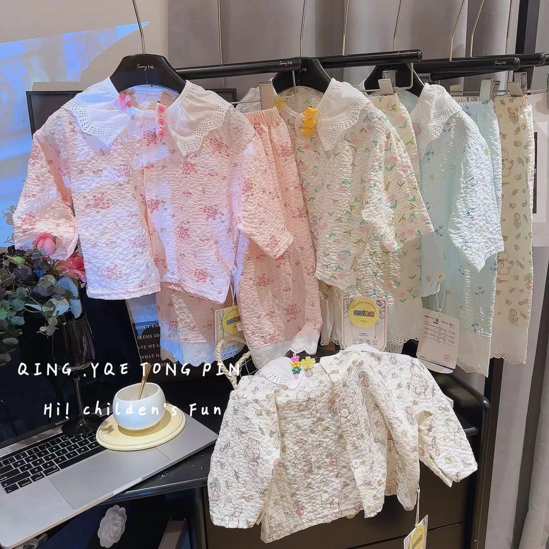 7A抗菌A类女童春季韩系公主花边舒适家居服套装