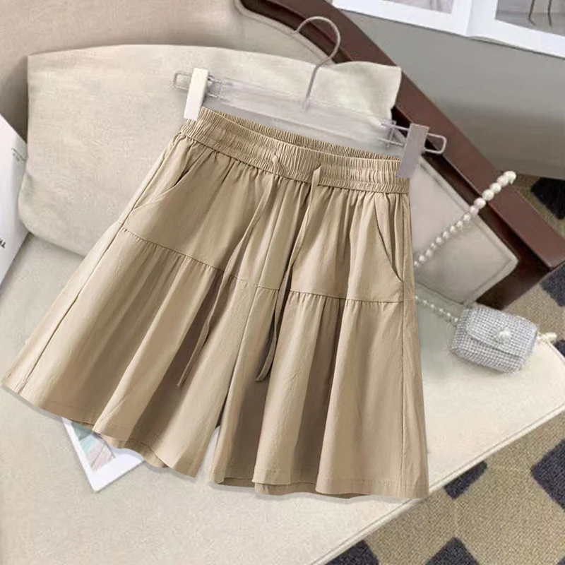 冰丝皱麻A字松紧高腰花苞裤女夏季2025新款时尚休闲显瘦阔腿短裤