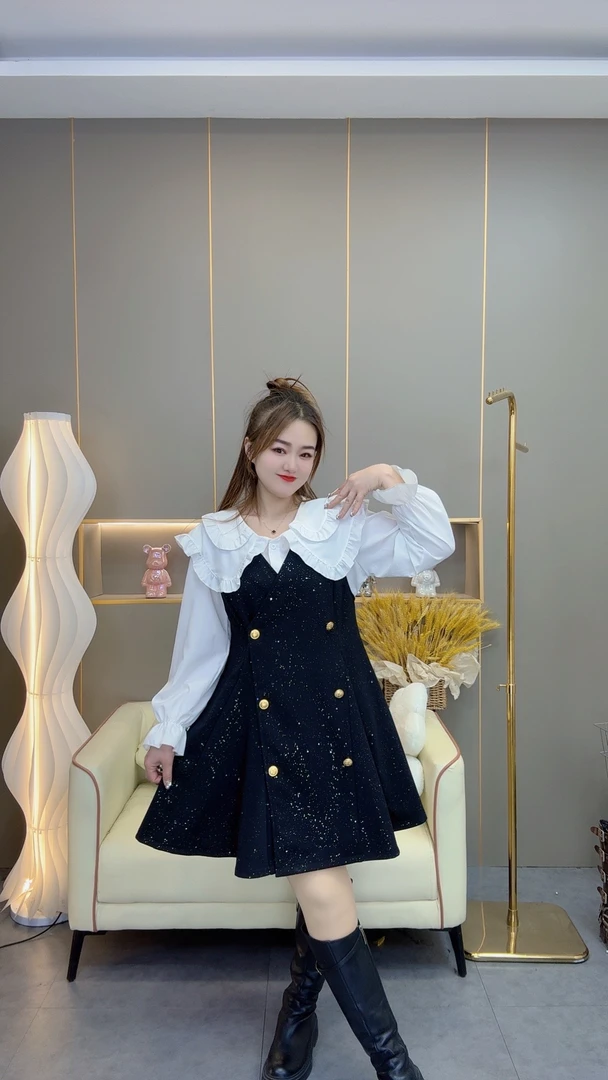 2025新年战袍胖mm双层娃娃领衬衫亮晶晶马甲裙减龄显瘦两件套8832