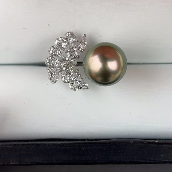 定制海水珍珠银S925镶嵌戒指/指环11-12mm大溪地一颗