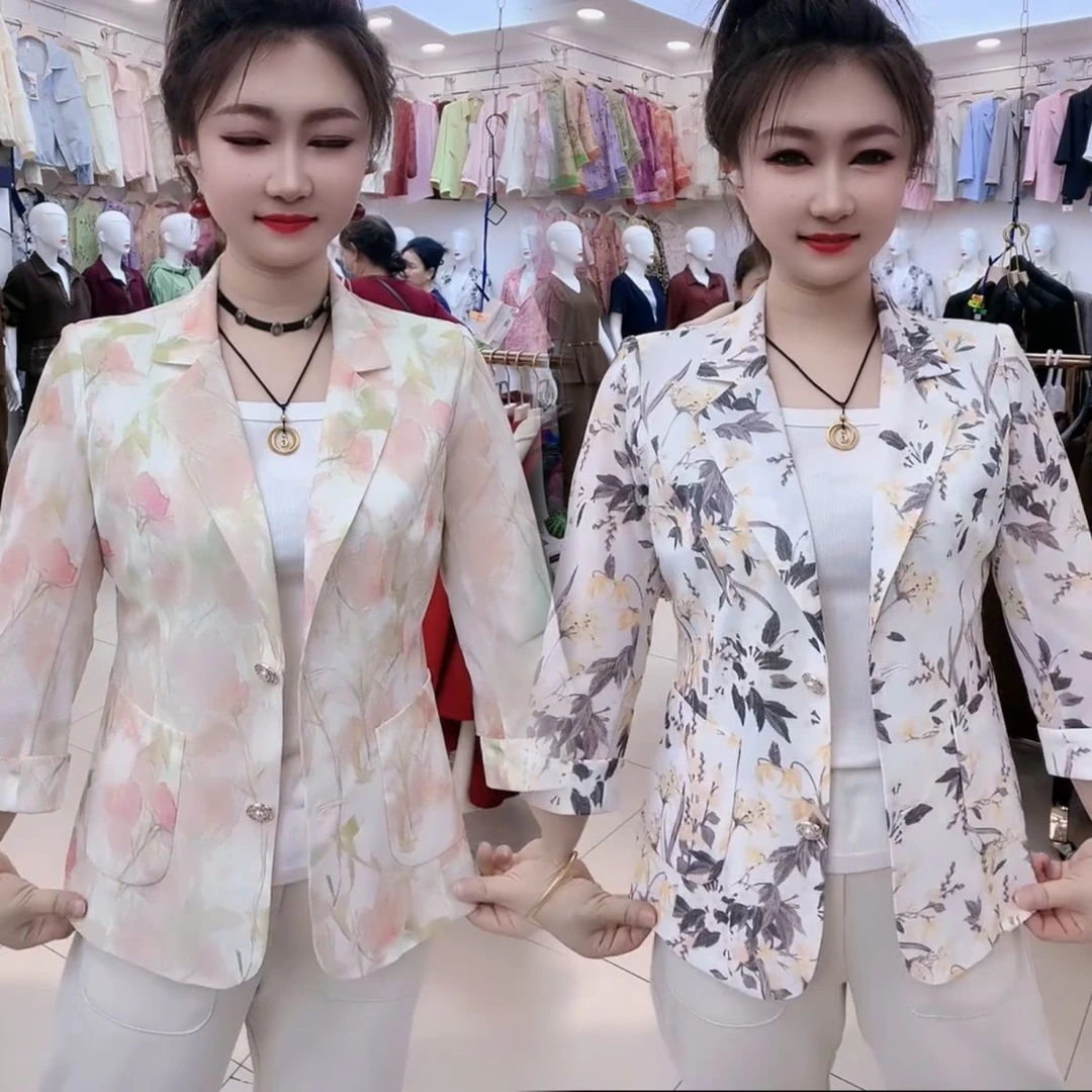 2025新款夏季外套洋气防晒西装时尚上衣短款气质修身玫瑰印花西服