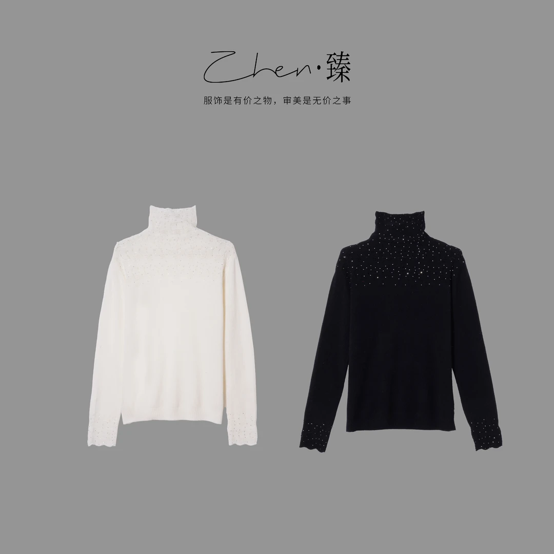 ZHEN.臻 法式立领闪闪钩花烫钻长袖针织衫羊毛打底衫SY9432Z