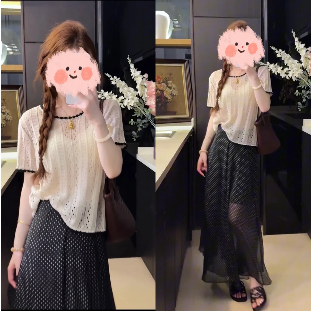 夏季新款时尚镂空圆领针织衫搭配波点纱裙半身裙套装