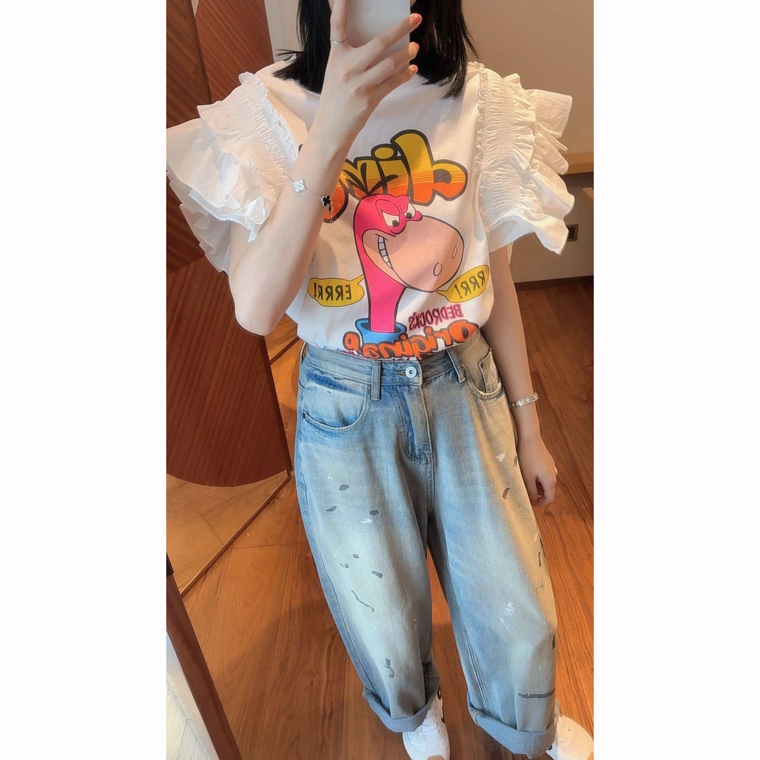 【张静芝】彩卡通压褶飞袖T恤