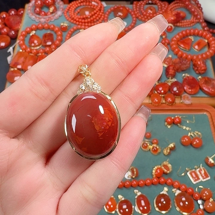 南红玛瑙银S925镶嵌吊坠