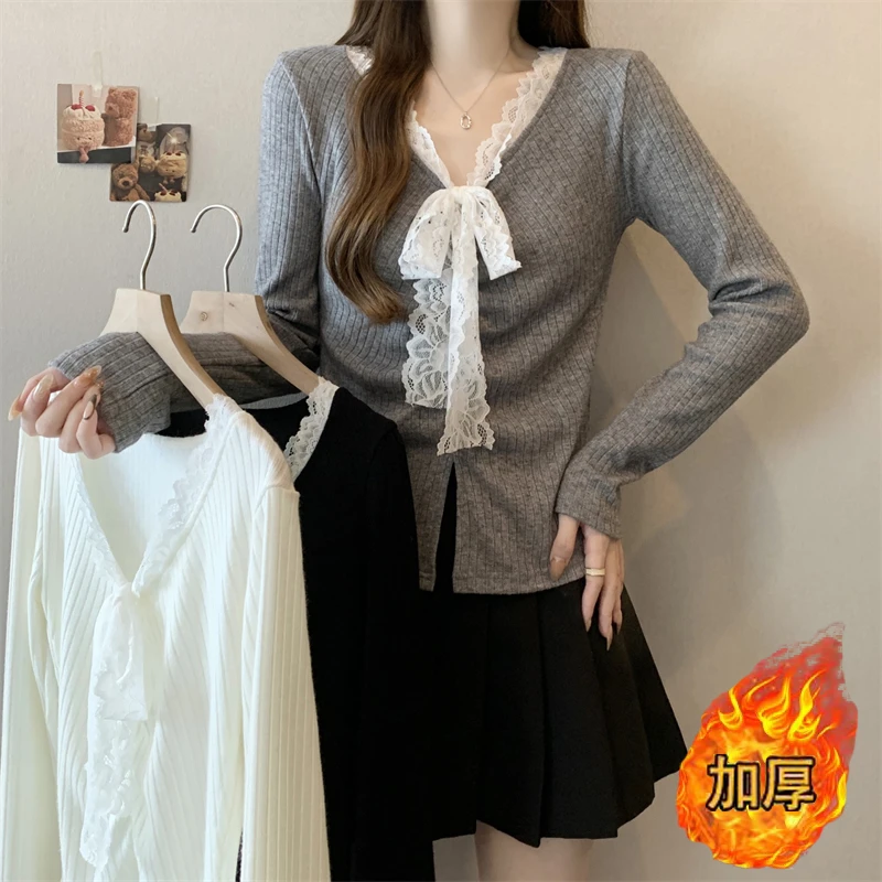 大码女装2024秋冬新款蝴蝶结加厚针织打底衫花边上衣1655