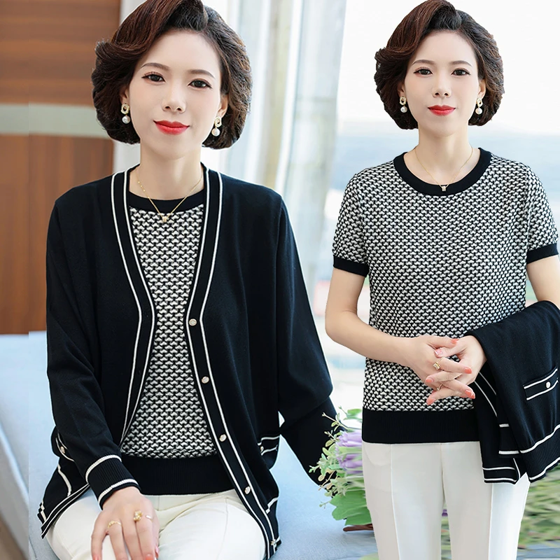 2025新款妈妈装春秋两件套装上衣服中老年女装洋气质针织开衫外套