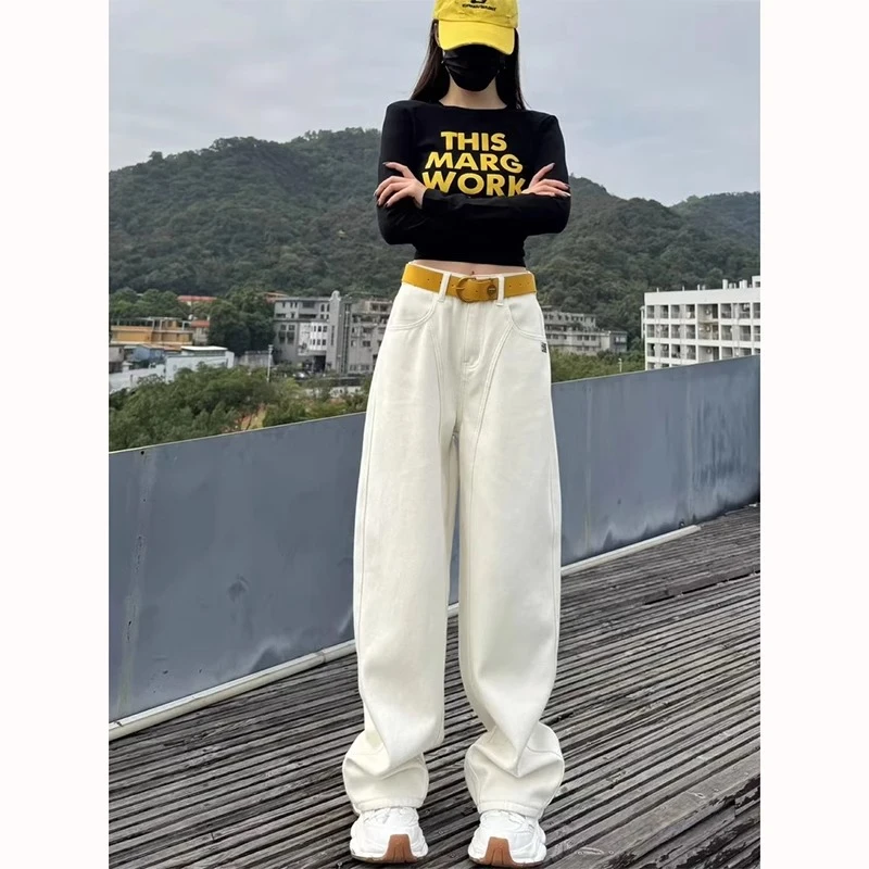 2025年秋冬加绒米白色美式弯刀牛仔裤女高腰宽松遮跨胖妹妹阔腿裤
