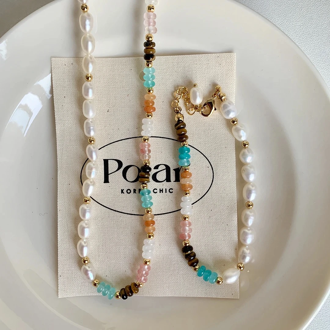 铜合金项链 法式彩石拼接简约蓝色小众串珠复古项链手链不掉色