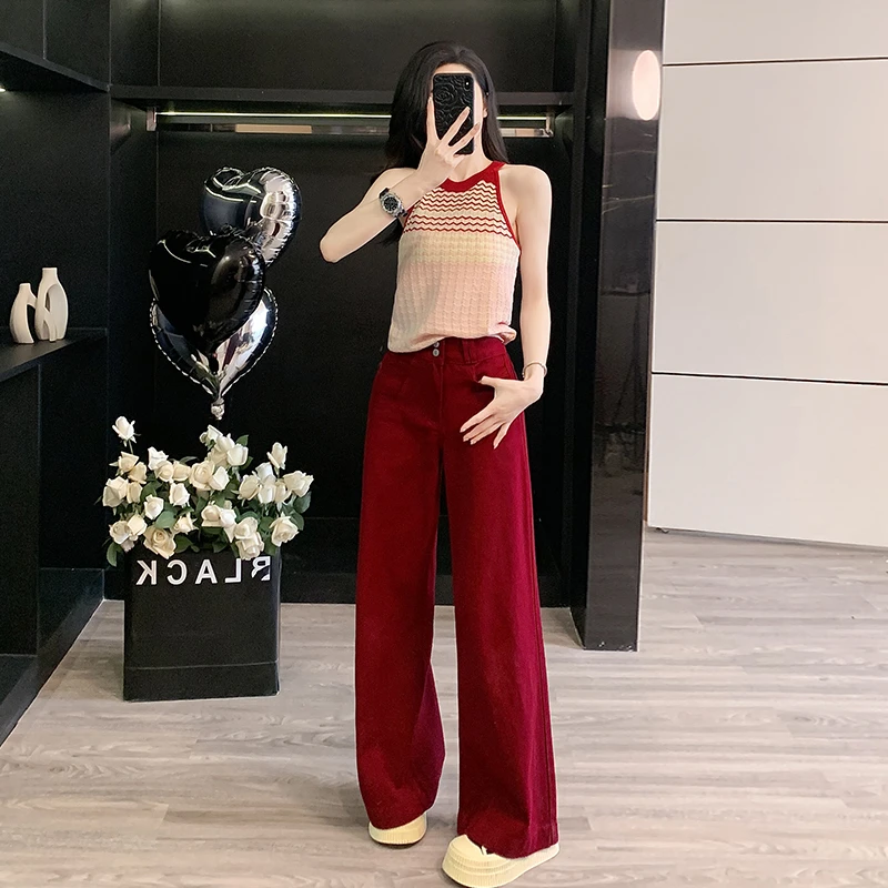 辣妹穿搭时尚休闲套装女夏新款气质显瘦针织上衣红色牛仔裤两件套