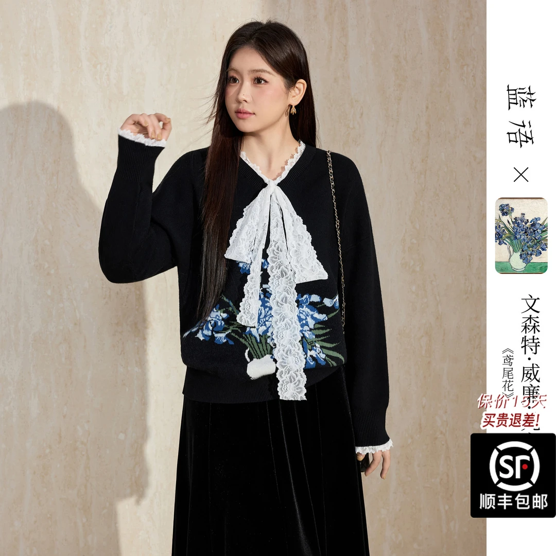 蓝语大码梵高联名蕾丝拼接针织套头毛衣冬季绣花显瘦黑色内搭上衣