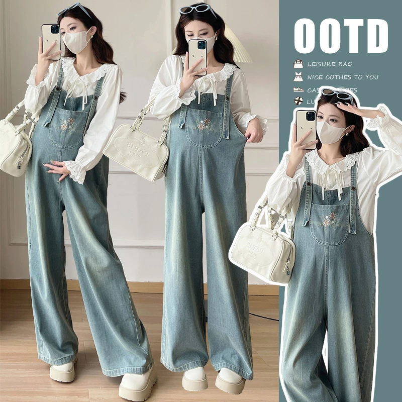 时髦孕妇装2025秋季新款潮妈减龄套装刺绣牛仔背带裤套装微阔腿裤