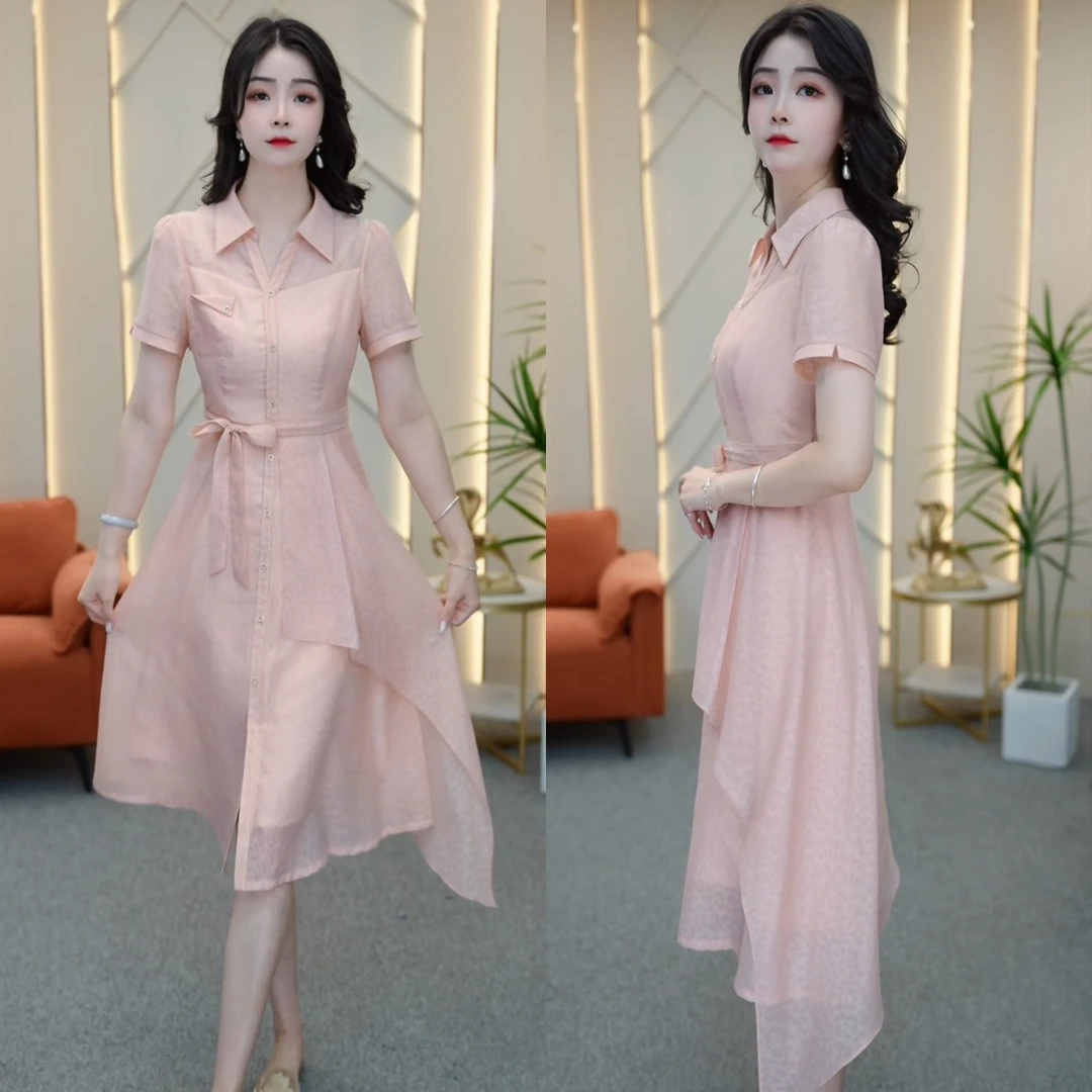 2025夏季新款时尚减龄气质显瘦收腰假两件洋气中长款连衣裙M-4XL