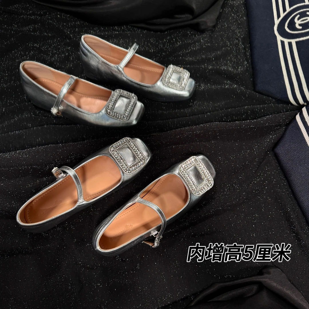【内增高5厘米】小方头水钻玛丽珍一字带气质真皮单鞋