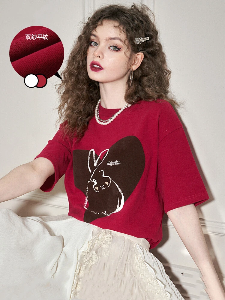 妖精折扣爱心红色短袖大码t恤女2025春夏新款纯棉打底衫宽松上衣