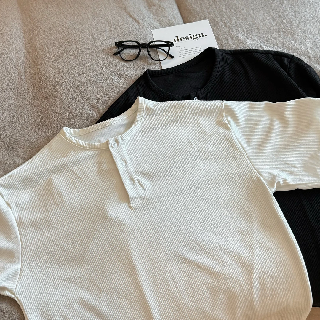 HN潮牌-夏季新款树皮纹亨利领短袖男百搭宽松凉感休闲insT恤上衣