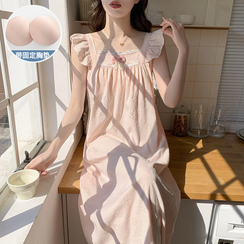 云朵棉睡衣女夏季薄款带胸垫小飞袖吊带睡裙韩版甜美ins风家居服