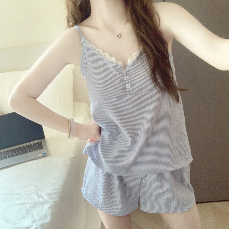 【可拆卸胸垫】吊带短裤睡衣女夏季2025新款云朵棉蓝条纹家居服套装