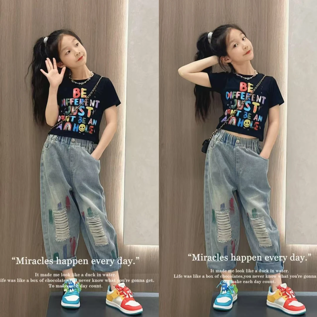 美式黑色炫彩字母印花短袖百搭洋气时髦夏款牛仔裤