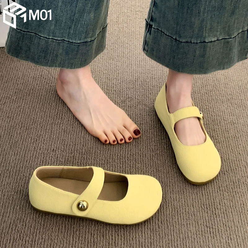 M01黄色豆豆勃肯鞋女2025夏季新款法式平底单鞋软底玛丽珍小皮鞋