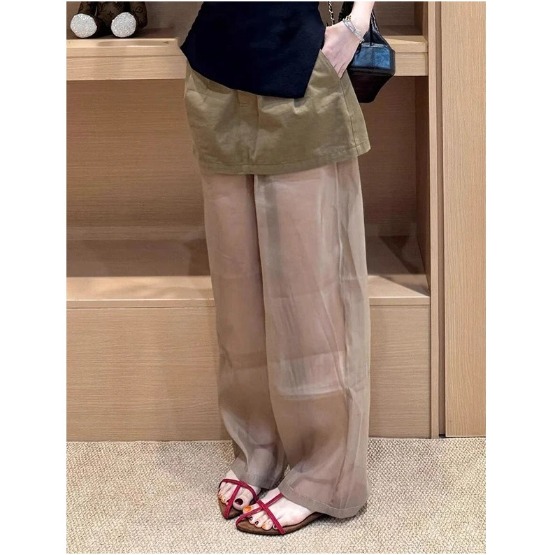 今年流行爆款裤子！休闲裤屁帘假两件卡其色宽松慵懒阔腿裤女夏季