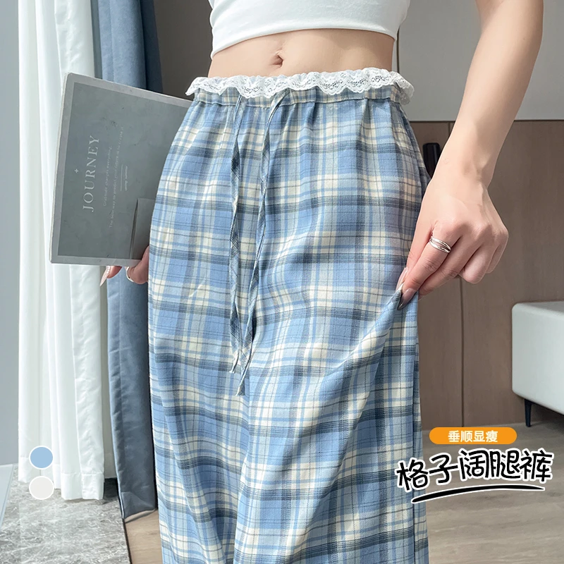 蕾丝花边高腰休闲裤女2025年夏季薄款麻阔腿裤直筒宽松慵懒格子裤