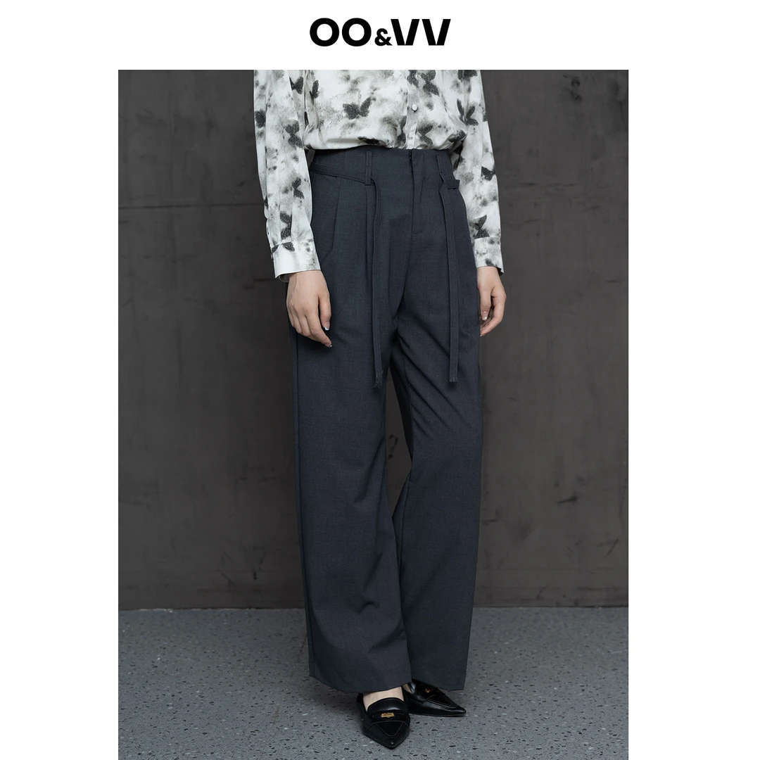 OO&VV系带灰色西裤女2025秋新款高腰休闲直筒宽松显瘦薄款阔腿裤