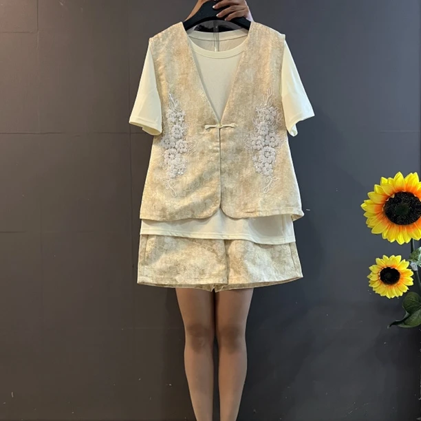 新中式复古国风提花马甲遮肉显瘦三件套套装5428