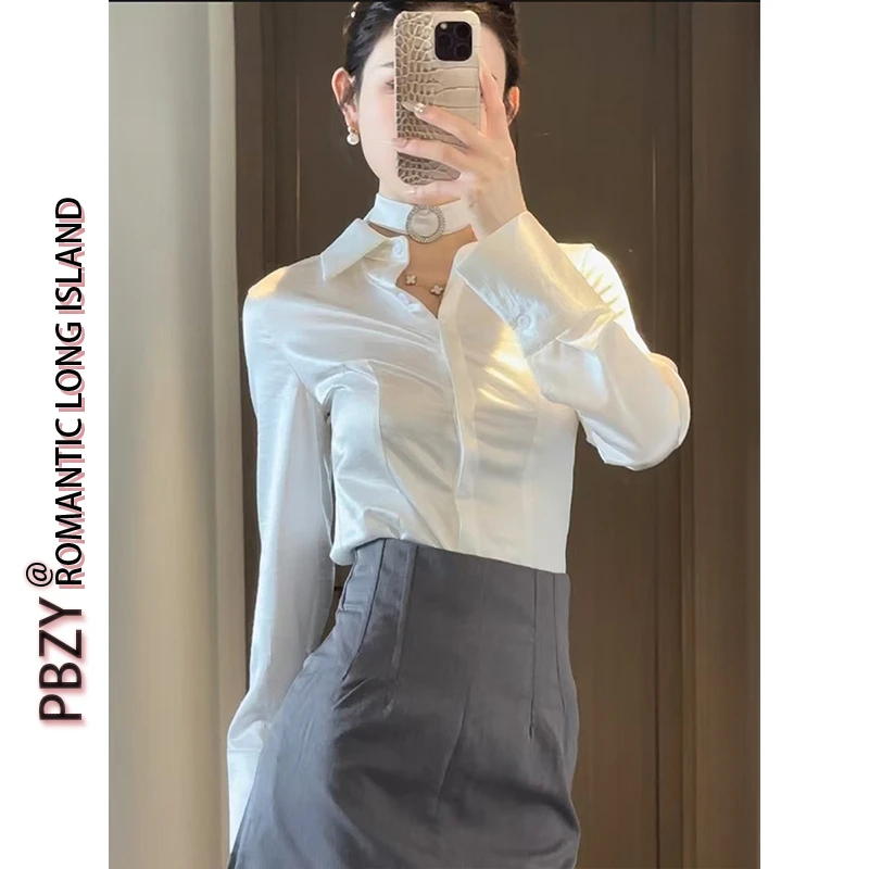 6611#轻职风缎面通勤衬衫女职业高级感职场衬衣正装上衣显瘦女装