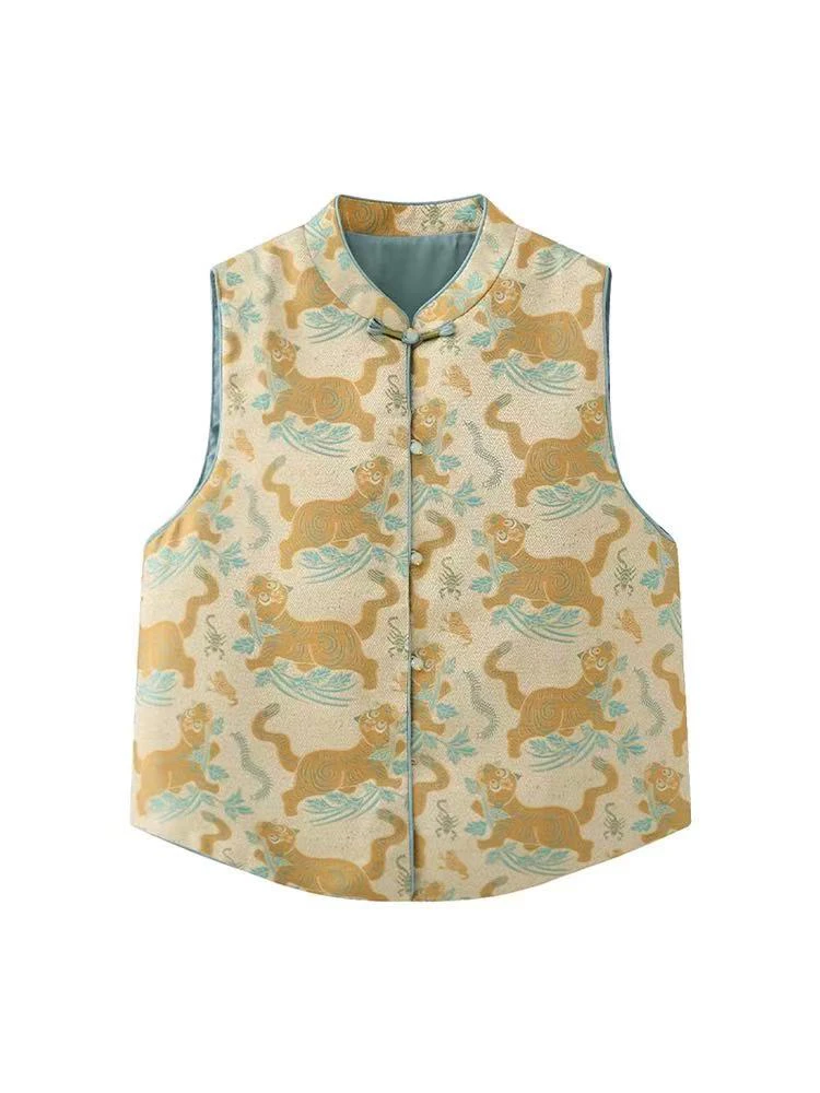 织金虎春季新款国风宋锦提花金虎新中式马甲女贵气高级感厂家直销