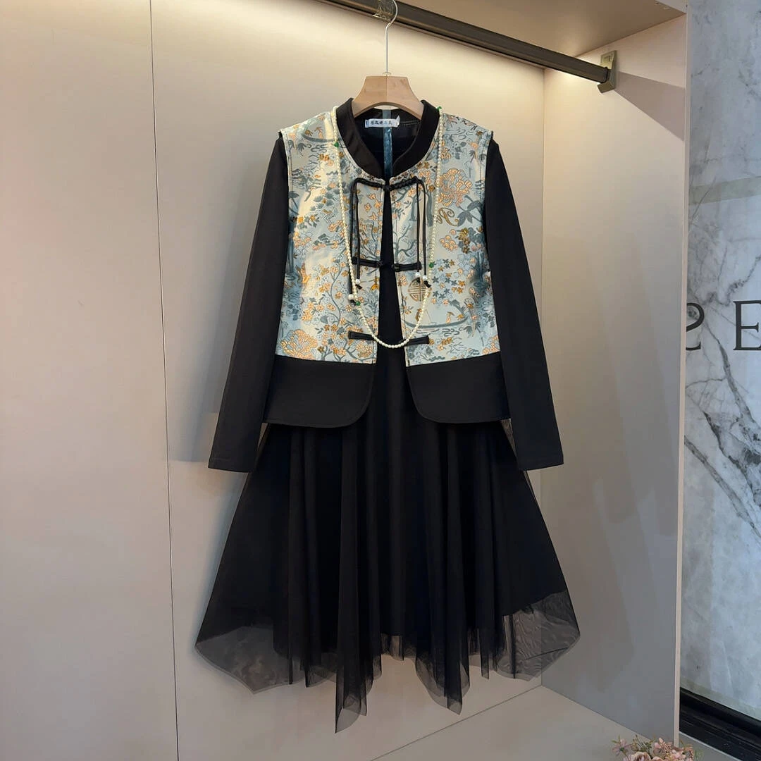 时尚盘扣拼接复古风马甲百搭不规则网纱裙微胖女装显瘦套装长95