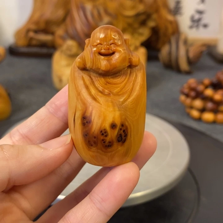 柏木太行崖柏留疤弥勒佛手把件小摆件