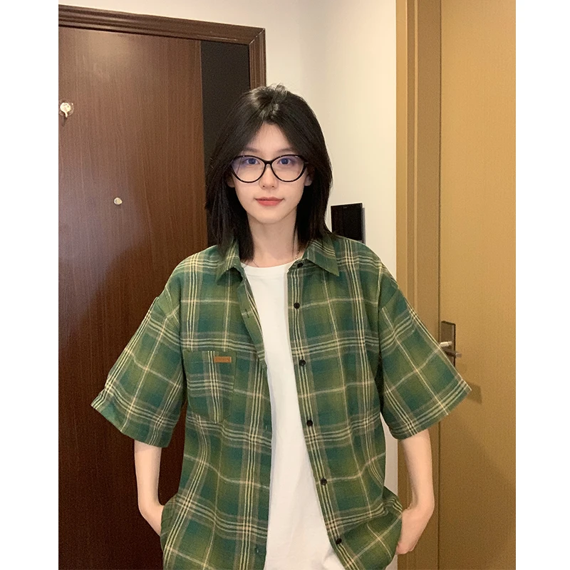 【现货+送短T恤】夏季绿色格子衬衫短袖爆款2025新款磨毛男女同款