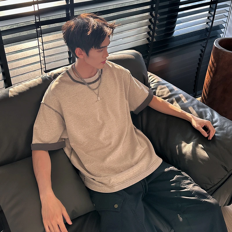 时尚潮流百搭复古设计个性透气上衣夏季男士休闲水洗商务短袖T恤