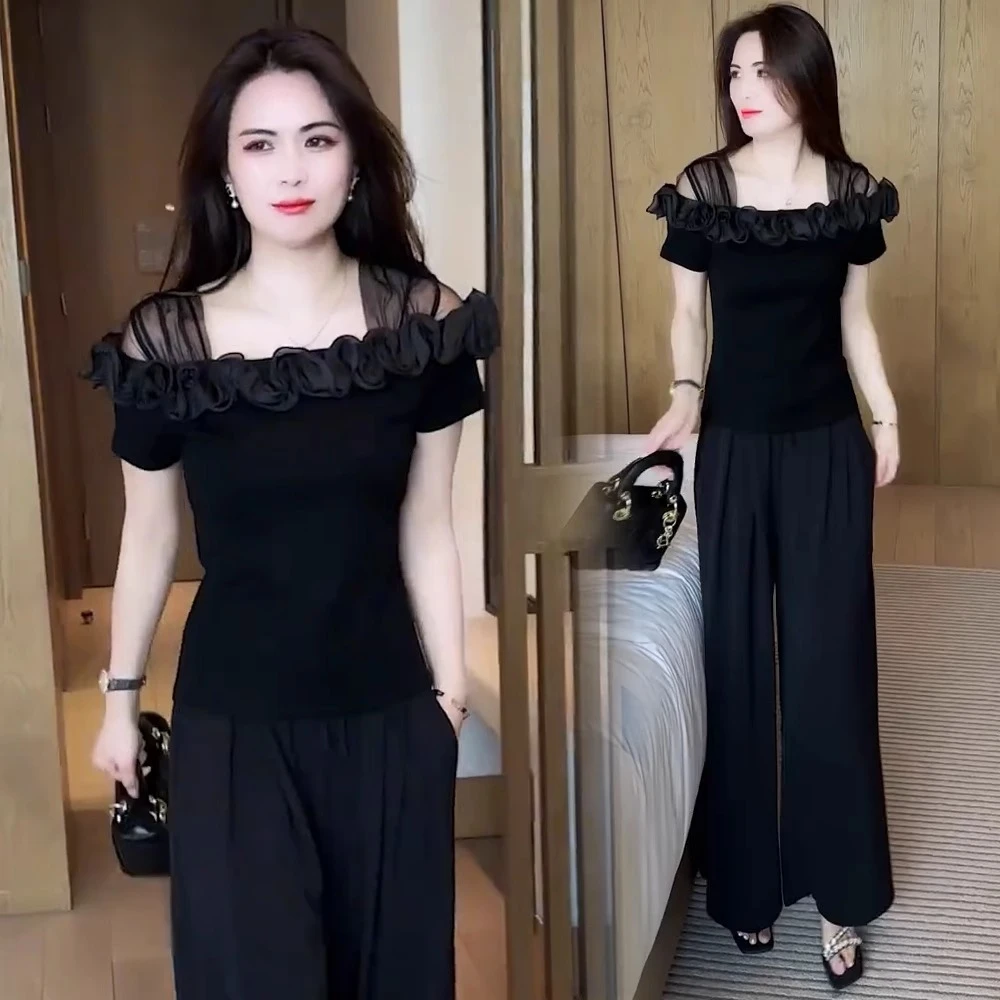 时尚套装女2025夏季新款洋气修身显瘦网纱拼接方领百搭小衫阔腿裤