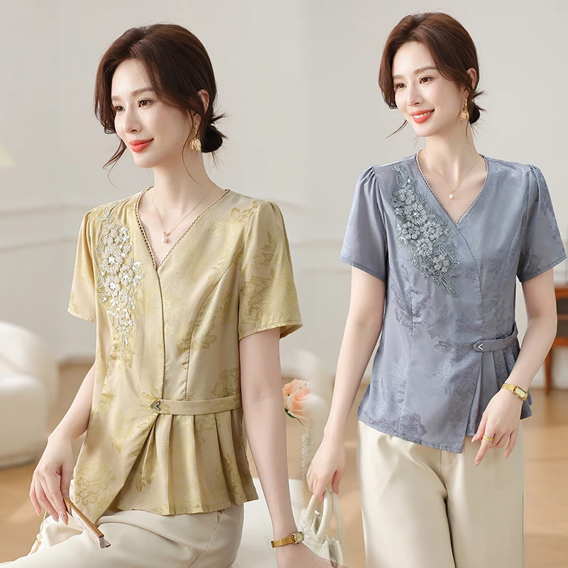 【大唐夫人】绣花印花女装时尚大码妈妈V领套装小衫夏季V领气质2035