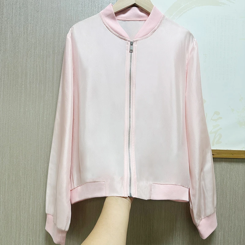 100桑蚕丝外套女宽松休闲拉链长袖时尚真丝电力纺上衣