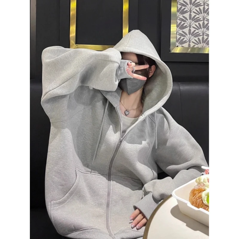 灰色卫衣外套女秋季薄款2025新款美式连帽开衫拉链宽松休闲中长款