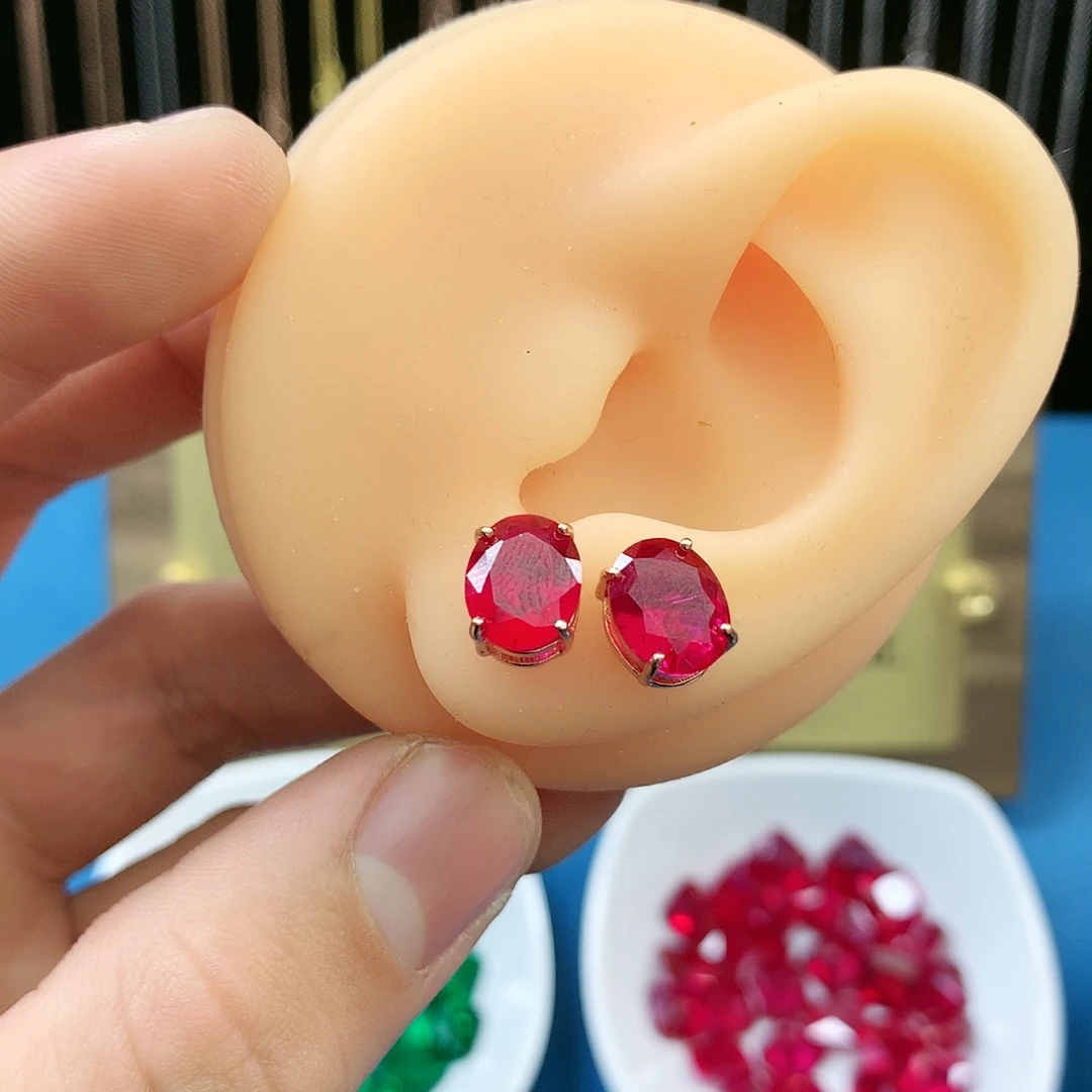 红宝石耳饰银S925镶嵌