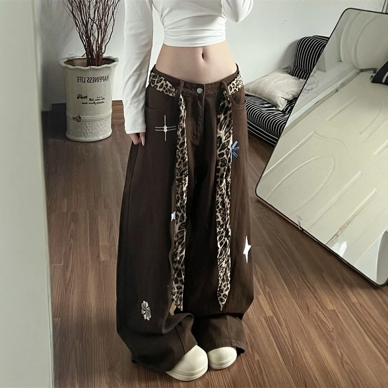 美式复古豹纹飘带刺绣牛仔裤女秋冬宽松显瘦小众设计感阔腿弯刀裤