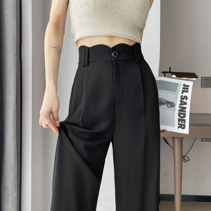 夏季窄版阔腿裤女2025新款薄款小个子高腰裤子垂感直筒冰丝西装裤