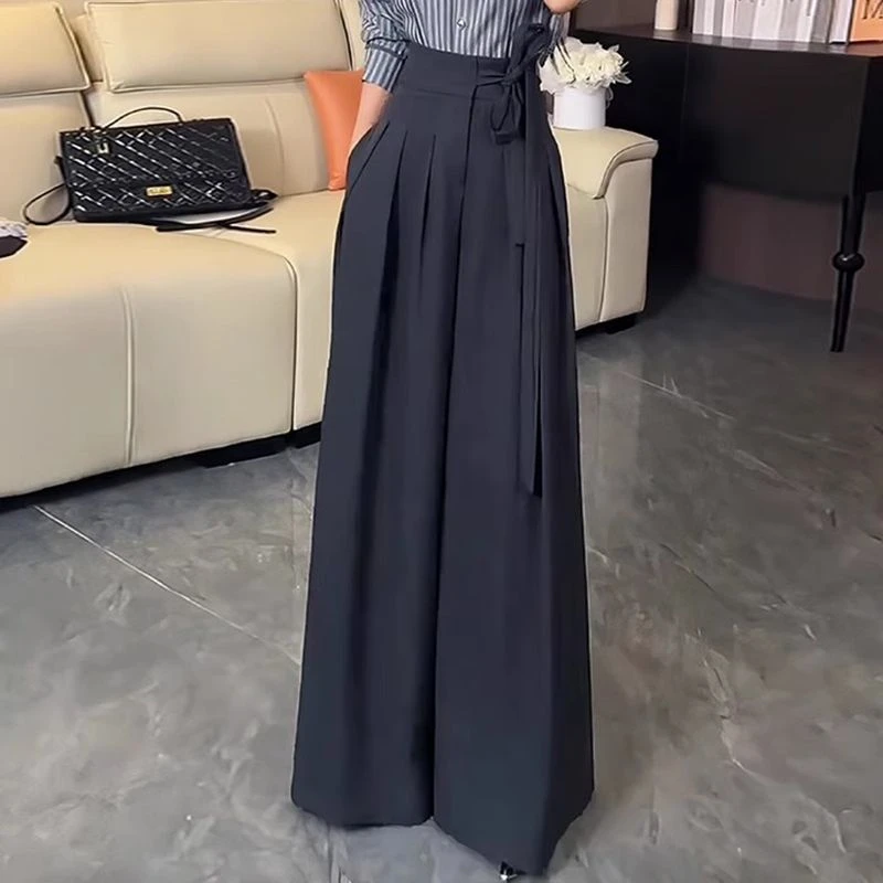 西装裤女春秋2025新款高腰休闲裤绑带收腰直筒裤拖地垂感阔腿裤子